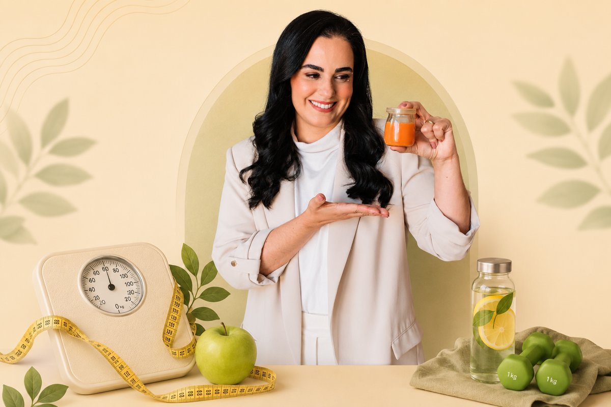 Gabi França cercada de elementos de saúde e bem-estar